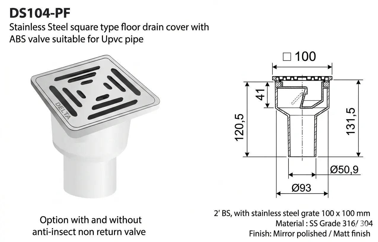 SS Square Type Floor Drain Cover with Valve Option