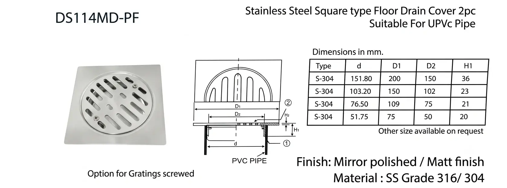 SS Square Type Floor Drain Cover (2pc - MD Screwed)