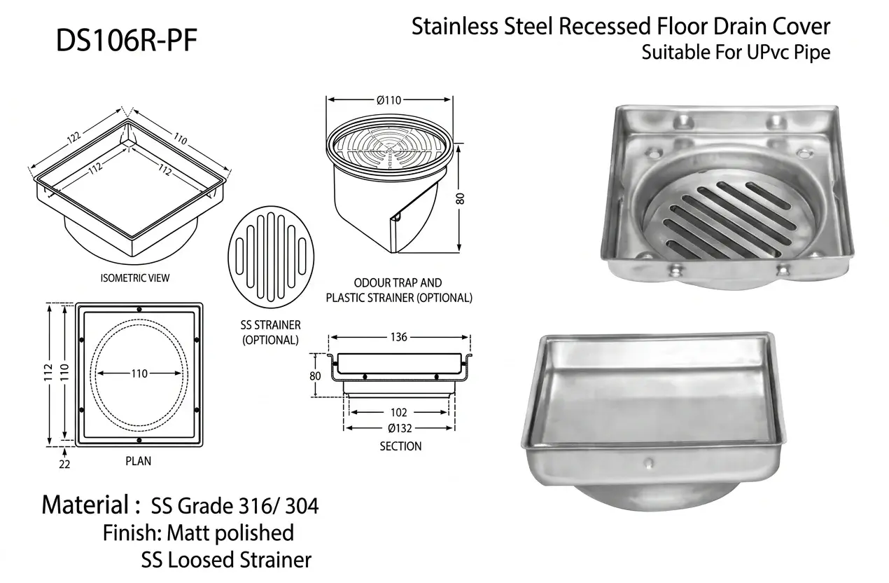 SS Recessed Floor Drain Cover
