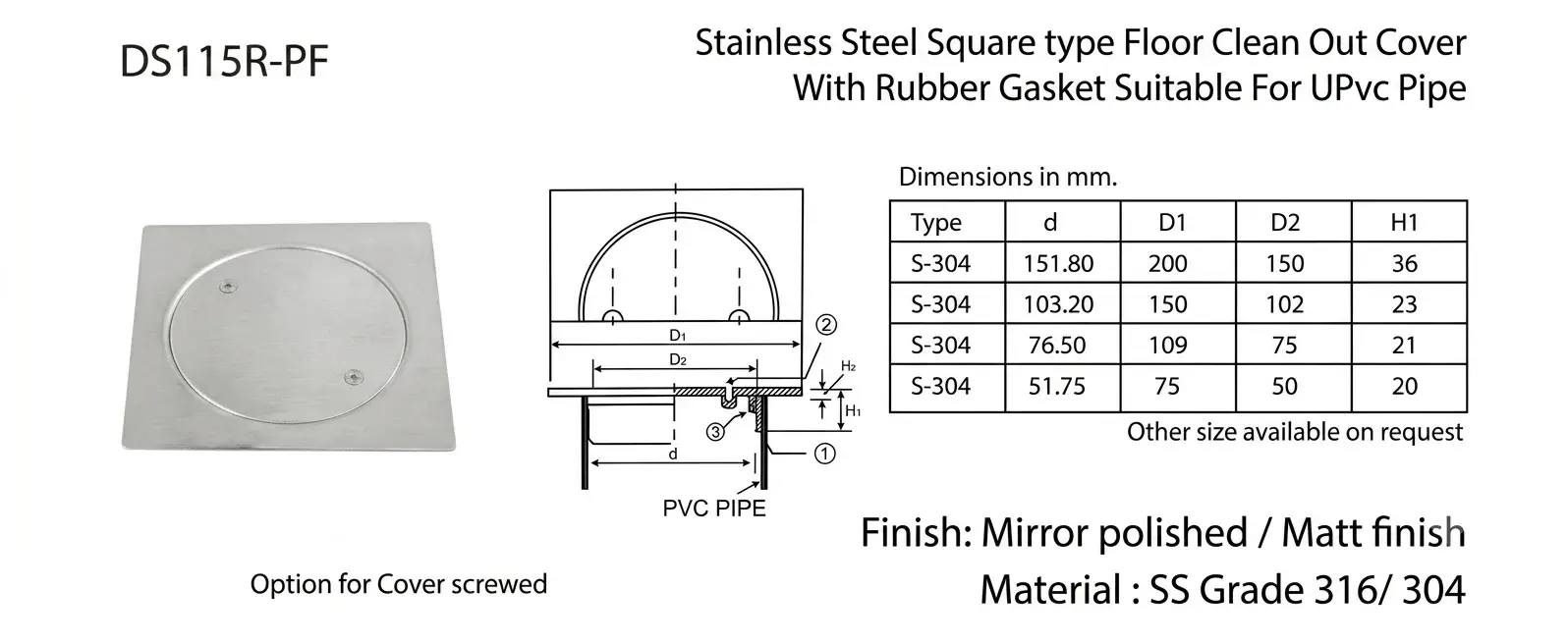 SS Square Type Floor Clean Out with Screwed Cover Option