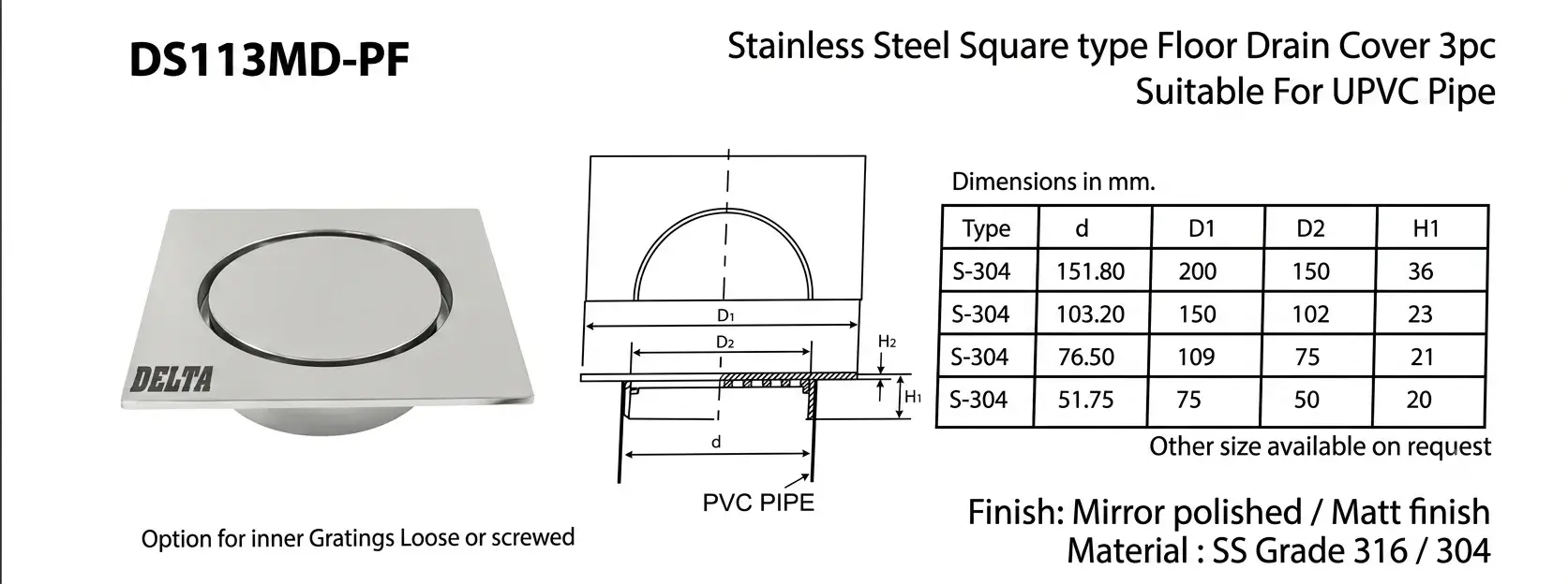 SS Square Type Floor Drain Cover (3pc - MD Screwed)