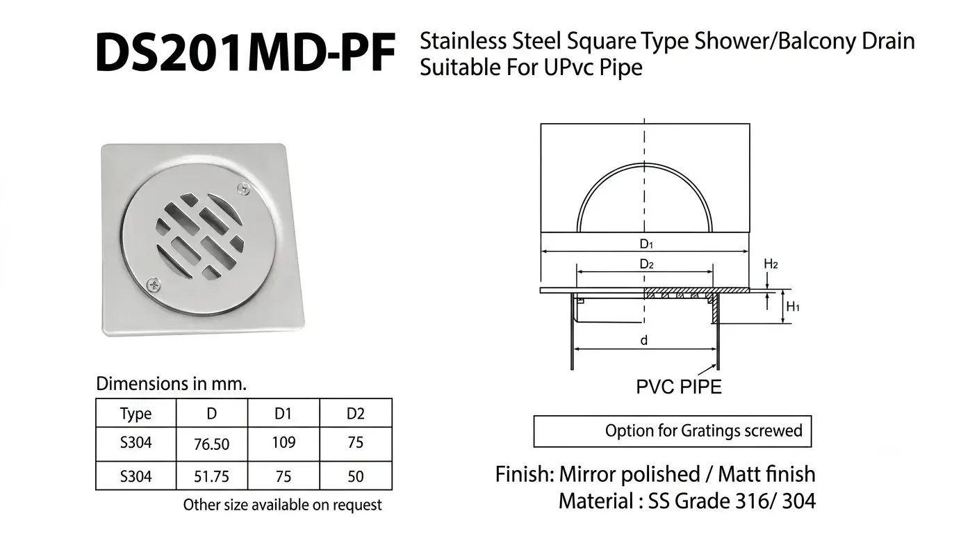 SS Square Type Shower/Balcony Drain