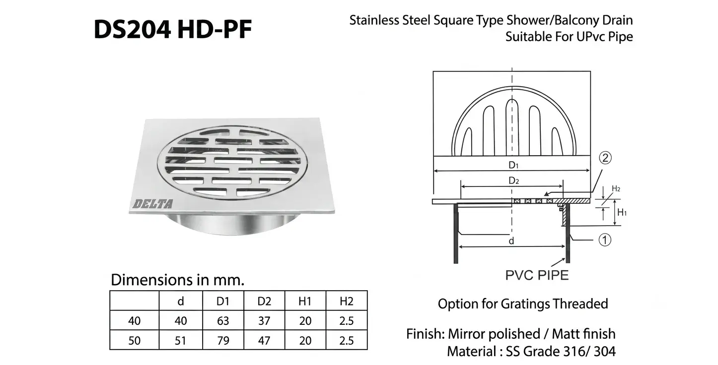 SS Square Type Heavy Duty Shower/Balcony Drain