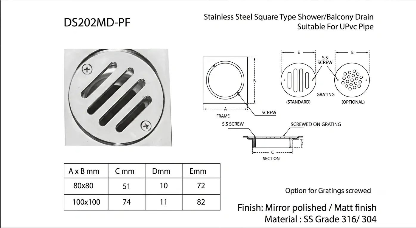 SS Square Shower/Balcony Drain (Alternative Hole Pattern)