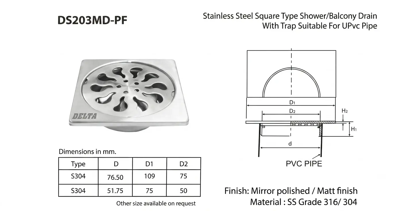 SS Square Shower/Balcony Drain With Trap