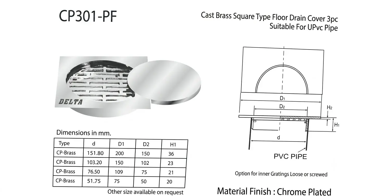 Cast Brass Square Type Floor Drain Cover (3pc)