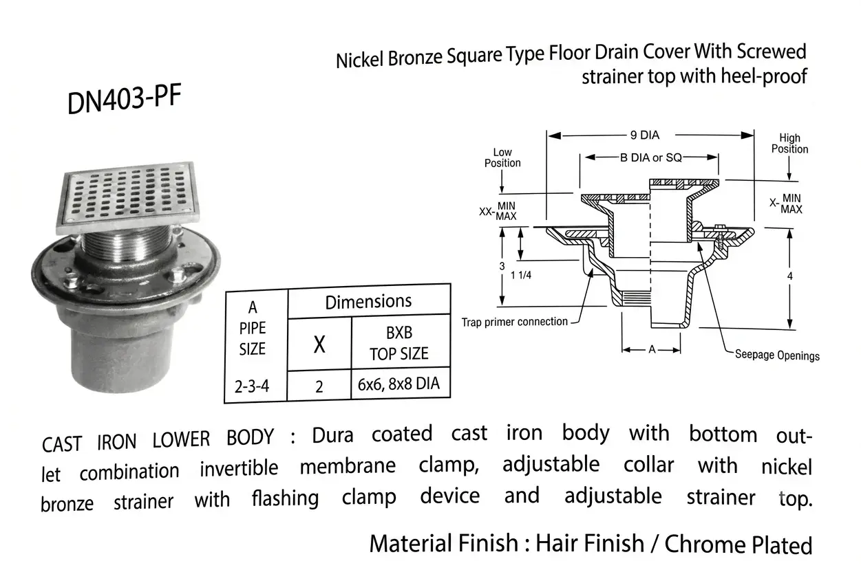 Nickel Bronze Square Heavy-Sump Floor Drain Cover