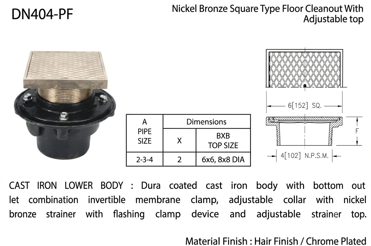 Nickel Bronze Square Type Floor Cleanout