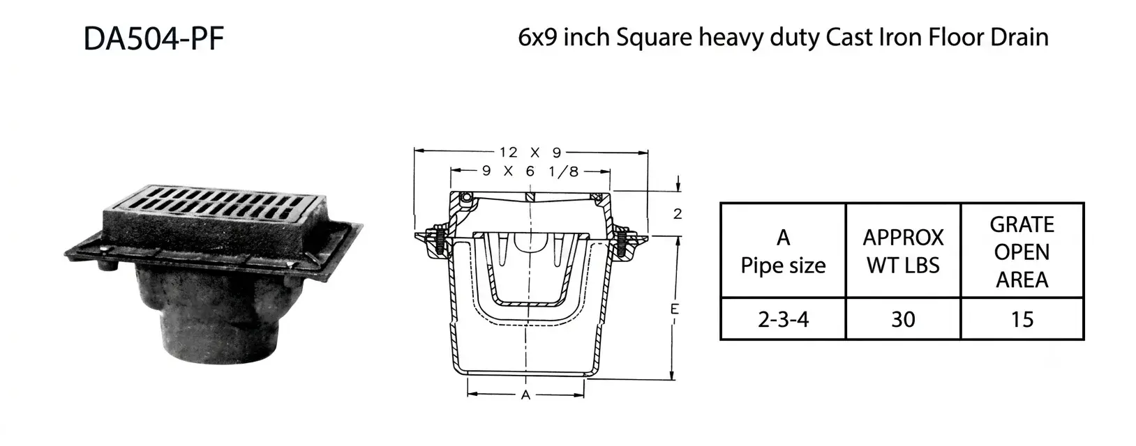 6 x 9-Inch Square Heavy Duty Cast Iron Floor Drain