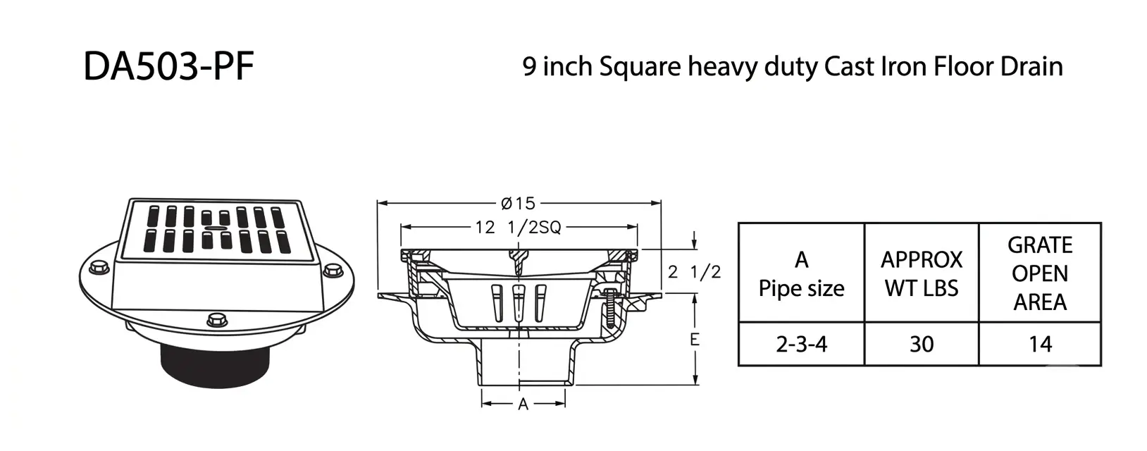 9-Inch Square Heavy Duty Cast Iron Floor Drain